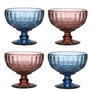 Set of 4 Vintage Pink & Blue Glass Trifle Bowl and Dessert Bowls