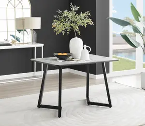 Carson 4 Seater White Marble Effect Rectangular Scratch Resistant Dining Table with 4 Grey Pesaro Velvet Black Leg Chairs