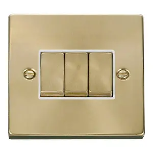 Satin / Brushed Brass 10A 3 Gang 2 Way Ingot Light Switch - White Trim - SE Home