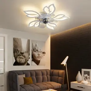 White Modern Flower Shape Ceiling Fan with Light with Remote Control 65cm Dia