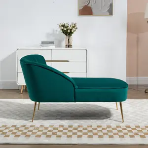 Vieste 130cm Wide Green Velvet Fabric Shell Back Chaise Lounge Sofa with Golden Coloured Legs