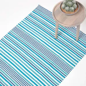 Homescapes Modern Blue Scandinavian Style Striped Cotton Rug, 90 x 150 cm