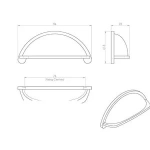 4x Cabinet Cup Pull Handle 94 x 41.5mm 76mm Fixing Centres Satin Nickel