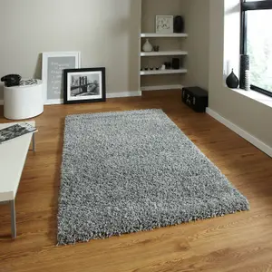 Contemporary Modern Grey Solid Plain Shaggy Rug-200cm X 290cm