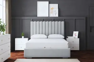 Evangeline Silver Upholstered Panel Bed with Headboard and Ottoman Storage Super King