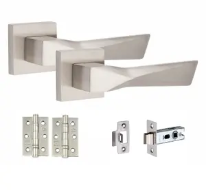 6 Pair Modern Aura Design Satin Nickel Premium Door Handles Square Rose 3" Ball Bearing Hinges and Tubular Latch - Golden Grace