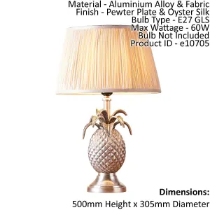 Table Lamp Pewter Plate & Oyster Silk 60W E27 Bedside Light Base & Shade