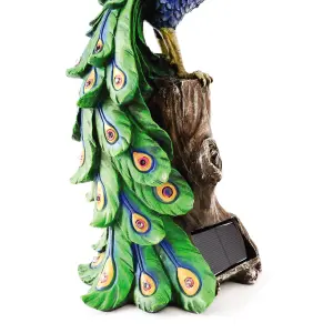 Solar Peacock Ornament - Weatherproof Polyresin Outdoor Garden Decoration with Red LED Lights - H48cm x W21cm x D18cm