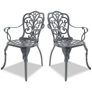 Homeology Bangui Grey 2-Large Garden and Patio Chairs with Armrests in Cast Aluminium