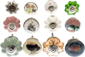 MangoTreeKnobs - Ceramic and Glass Cupboard Door Knobs in Vintage Style Drawer Pulls Set of 12 (MG-251)