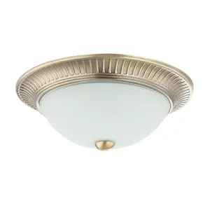 Traditional Antique Brass Flush Ceiling Light Fitting with White Glass Diffuser