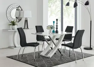 Furniturebox UK Mayfair 4 White High Gloss And Stainless Steel Dining Table And 4 Black Isco Chairs