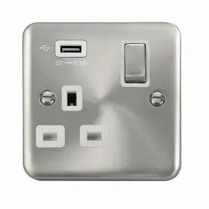 Our Curved Edge Satin / Brushed Chrome 1 Gang 13A DP Ingot 1 USB Switched Plug Socket - White Trim - SE Home