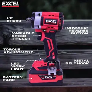 Excel 18V Cordless Brushless 1/2'' Impact Wrench with 2 x 5.0Ah Battery Charger & Bag