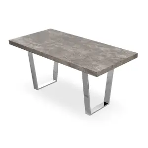 Aria Dining Table And Chairs - Concrete Effect Table Top w Chrome Legs + 6 Monza Faux Leather Dining Chairs w Chrome Legs (Grey)