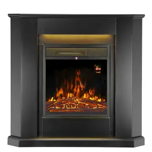 Modern Black Corner Electric Fireplace with Remote Control, Triangle LED Log Fire, and Stylish Mantle