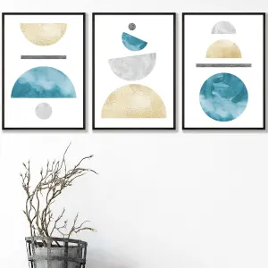 Set of 3 Yellow and Aqua Blue Abstract Mid Century Geometric Wall Art Prints / 42x59cm (A2) / Black Frame