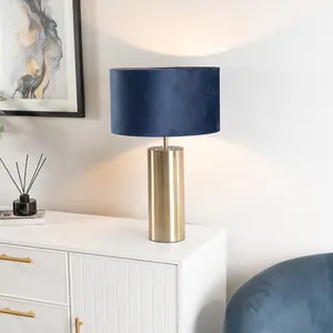 ValueLights Lexy Antique Brass Touch Table Lamp with Navy Blue Velvet Shade