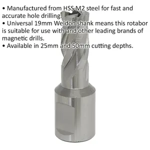 14mm x 25mm Depth Rotabor Cutter - M2 Steel Annular Metal Core Drill 19mm Shank