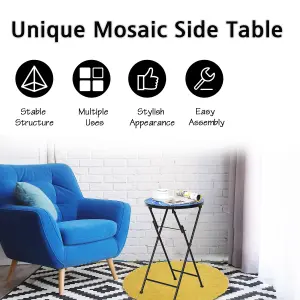 Costway Garden Mosaic Side Table Foldable Round End Table Outdoor Indoor Plant Stand w/ Ceramic Tile Top