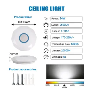 24W LED Ceiling Light, daylight 6500K, 2500 Lumen, Diamond Shape