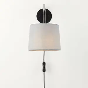 Adjustable Swing Arm Wall Light Matt Black & Grey Fabric Shade Mains Plug in