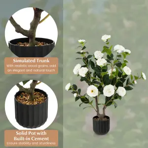 Costway Artificial Camellia Tree Faux Flower Plant Artificial Tree in Cement Pot Greenery Potted Plant Free Maintenance