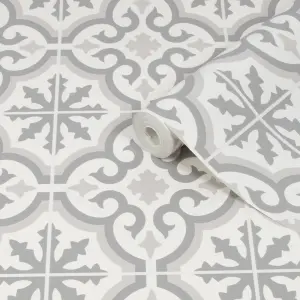 Contour Grecian Grey Tile effect Textured Wallpaper Sample