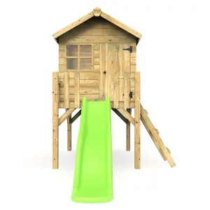 Rebo Orchard 4FT x 4FT Wooden Playhouse On 900mm Deck and 6FT Slide (Swan Light Green)