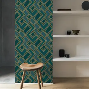 Grandeco Geometric Fabric GeoTextured Wallpaper,  Green Gold