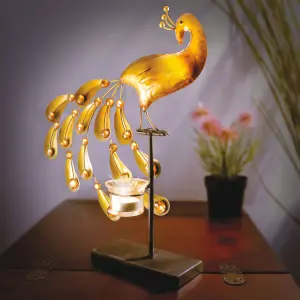 Peacock Design Tealight Holder - Elegant Gold Candleholder Home Tabletop Decoration with Gemstones - Measures H40cm x 32cm