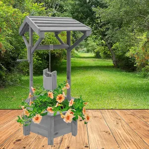 AAMEN Wooden Wishing Wells for Outdoors with Hanging Bucket, Flower Pot