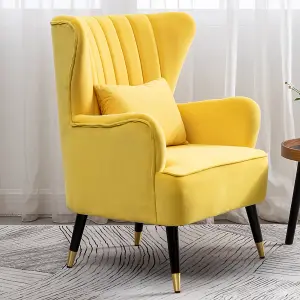 Modern Wing Back Velvet Tufted Armchair, Yellow Upholstered Occasional Chair Accent Sofa Chair with Lumbar Pillow