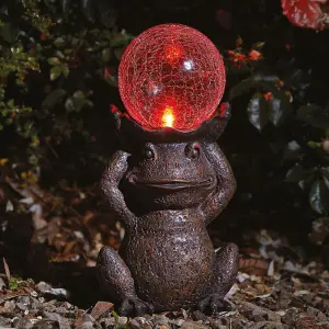 Solar Powered LED Frog Garden Ornament - Hand Painted Polyresin Sculpture with Light Up Crackle Glass Ball - H38 x W21 x D15cm