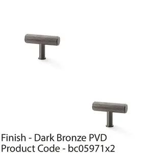 2 PACK - Reeded T Bar Cupboard Door Knob - 55mm x 38mm Dark Bronze Lined Pull Handle