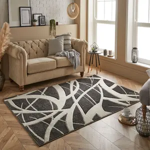 Modern Optical 3D Charcoal Easy to Clean Abstract Rug for Dining Room-200cm X 285cm