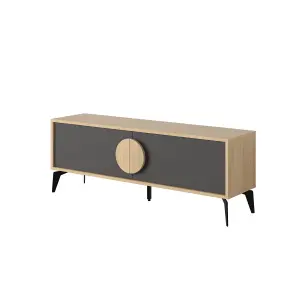 Decortie Gora Modern TV Unit Oak, Silky Grey Black 140(W)cm with 2 Door Flap Stay Storage TV Cabinet