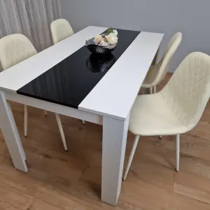 Wooden White Black Dining Table with 4 Cream Stitched Leather Chairs Set