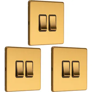 3 PACK 2 Gang Double Light Switch SCREWLESS SATIN BRASS 2 Way 10A Slim Rocker