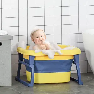 HOMCOM Foldable Baby Bathtub for Newborns Infants Toddlers w/ Stool - Yellow