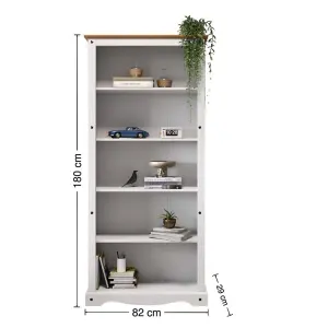 Corona White Large Bookcase Tall 5 Shelf Open Display Solid Pine with Mexican Styling