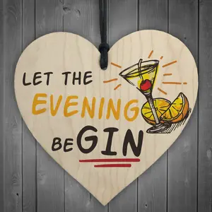 Red Ocean Let The Evening BeGIN  Fun Vintage GinTonic Wood Hanging Heart Sign Gift Bar Pub