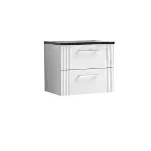 Retro 2 Drawer Wall Hung Vanity Unit with Sparkling Black Laminate Worktop - 600mm - Satin White - Balterley