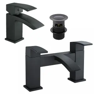 Bathroom WATERFALL Black Matt Basin Sink Mono Mixer & Bath Filler Mixer Tap Lever Tap