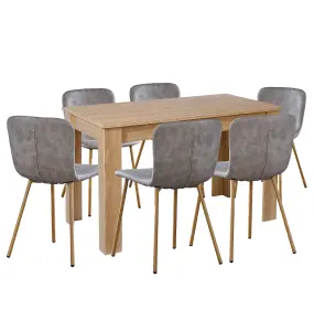 Hallowood Furniture Newquay Oak Fixed Top Table 120cm with 6 Grey Leather Effect Chairs