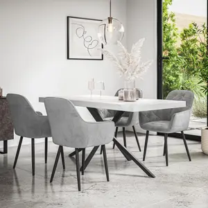 Donni Dining Table And Chairs -  White Marble Effect Table Top w Black Legs + Anika Velvet Dining Chair Set Of 6 (Grey)