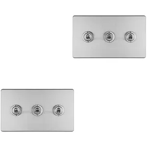 2 PACK 3 Gang Triple Retro Toggle Light Switch SCREWLESS SATIN STEEL 10A 2 Way