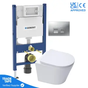 White Wall Hung Toilet Pan with Geberit Concealed Cistern Frame 98cm & Delta35 Matt Chrome Flush Plate