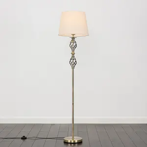 ValueLights Pembroke Traditional Style Antique Brass Double Twist Floor Lamp with Beige Shade