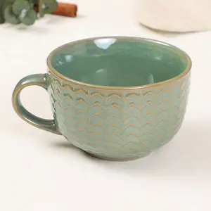 Set of 8 Dark Green Large Stoneware Cups Coffee Mugs